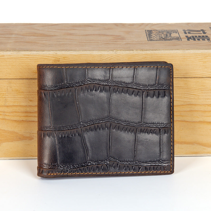 Crazy Horse leather embossed crocodile pattern men's wallet short genuine leather European and American retro wallet horizontal first layer cowhide silver bag