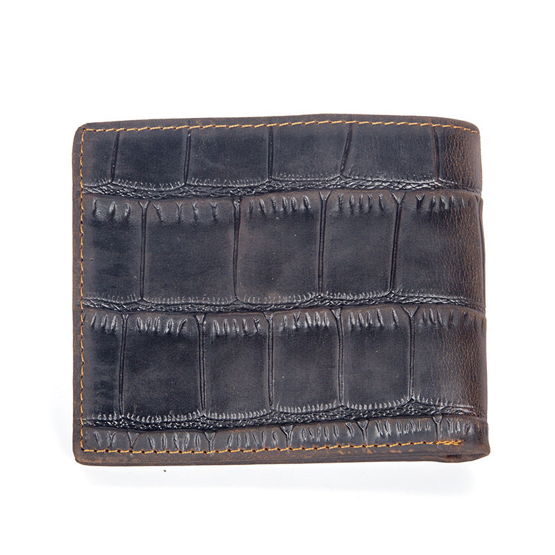 Crazy Horse leather embossed crocodile pattern men's wallet short genuine leather European and American retro wallet horizontal first layer cowhide silver bag
