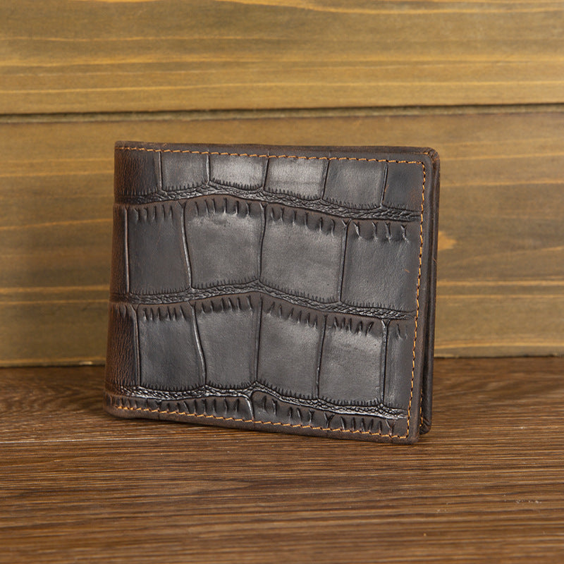 Crazy Horse leather embossed crocodile pattern men's wallet short genuine leather European and American retro wallet horizontal first layer cowhide silver bag