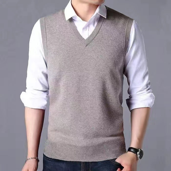 V-Neck New Middle-Aged Wool Vest Gentleman Men's Pullover Knitted Vest Business Knitted Knitwear Sleeveless Men