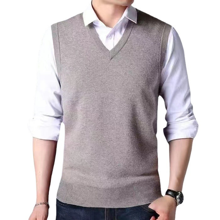 V-Neck New Middle-Aged Wool Vest Gentleman Men's Pullover Knitted Vest Business Knitted Knitwear Sleeveless Men