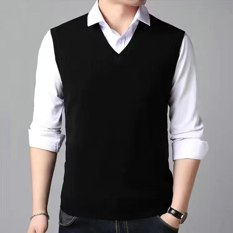 V-Neck New Middle-Aged Wool Vest Gentleman Men's Pullover Knitted Vest Business Knitted Knitwear Sleeveless Men