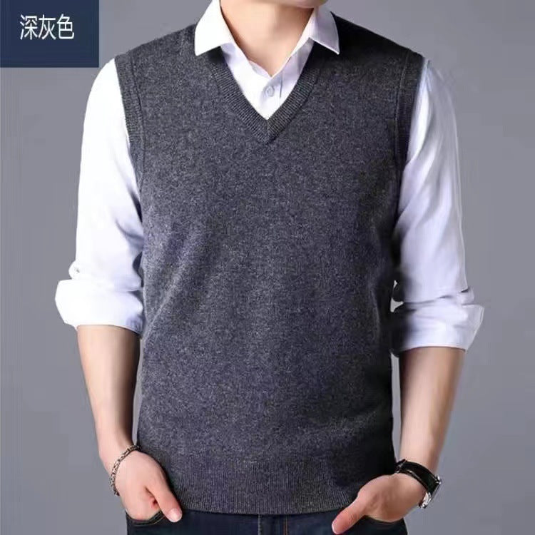 V-Neck New Middle-Aged Wool Vest Gentleman Men's Pullover Knitted Vest Business Knitted Knitwear Sleeveless Men
