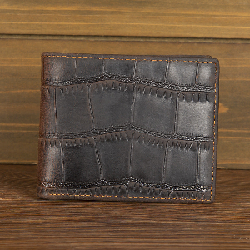 Crazy Horse leather embossed crocodile pattern men's wallet short genuine leather European and American retro wallet horizontal first layer cowhide silver bag