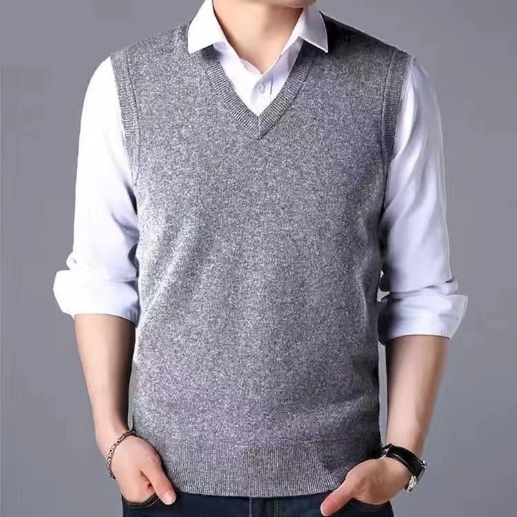 V-Neck New Middle-Aged Wool Vest Gentleman Men's Pullover Knitted Vest Business Knitted Knitwear Sleeveless Men