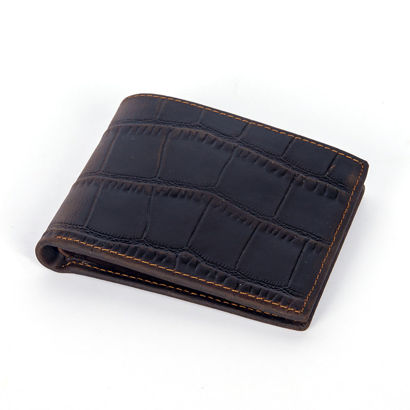 Crazy Horse leather embossed crocodile pattern men's wallet short genuine leather European and American retro wallet horizontal first layer cowhide silver bag